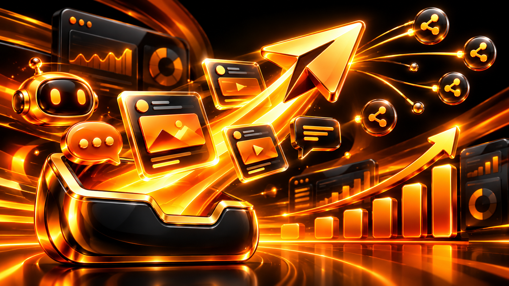 Glossy gold paper airplane launching content cards, message bubbles, and growth analytics