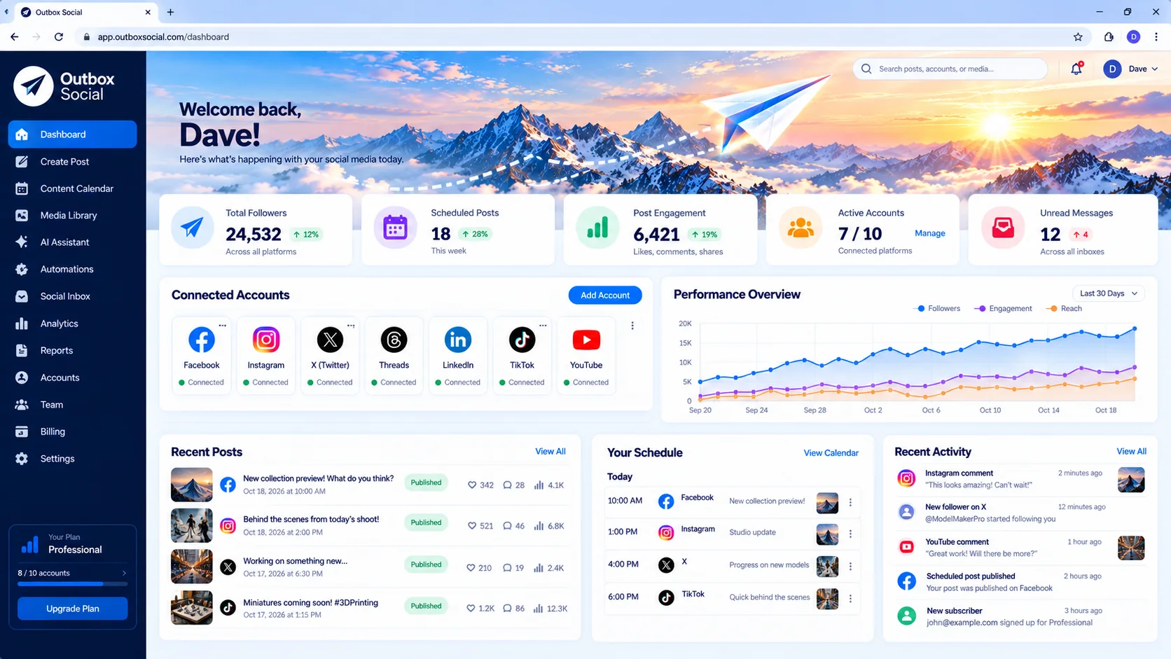 Illustrative Outbox Social dashboard
