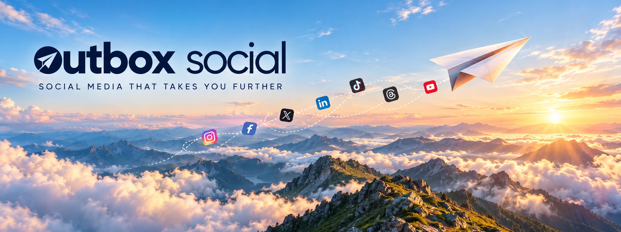 Outbox Social paper airplane moving through the social-media landscape
