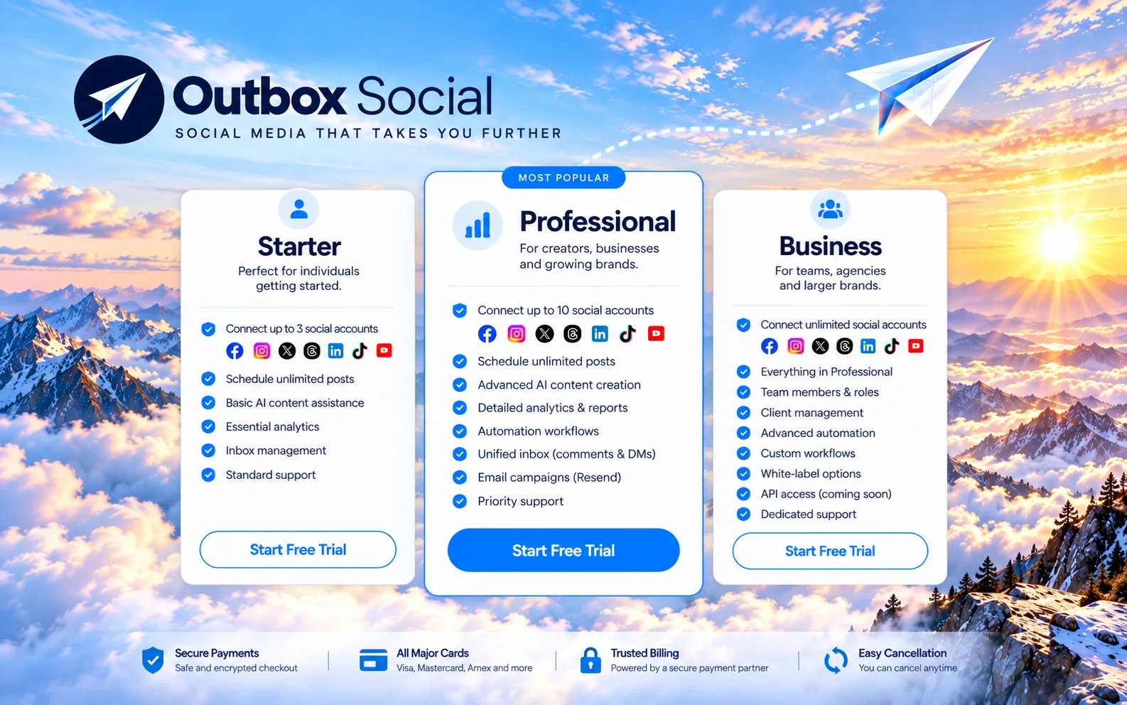 Illustrative Starter, Professional and Business plan comparison